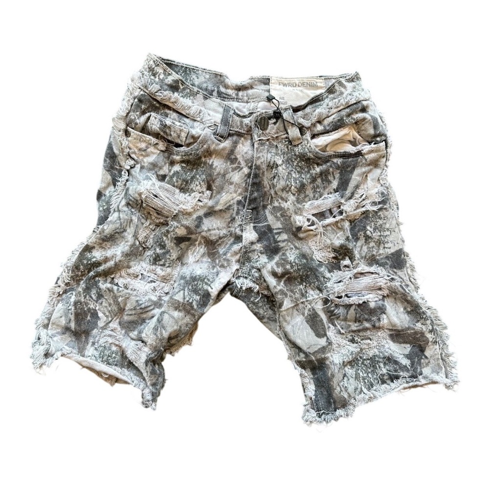 FWRD Denim Noir Distressed Abstract Wash Jean Shorts Gray White Size 10